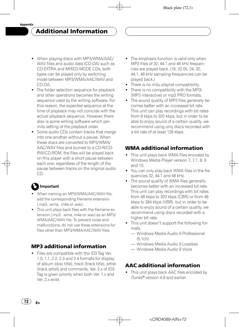Mp3 additional information 72, Wma additional information 72, Aac additional information 72 | Additional information, Mp3 additional information, Wma additional information, Aac additional information | Pioneer SUPER TUNER III D DEH-P8850MP User Manual | Page 72 / 164