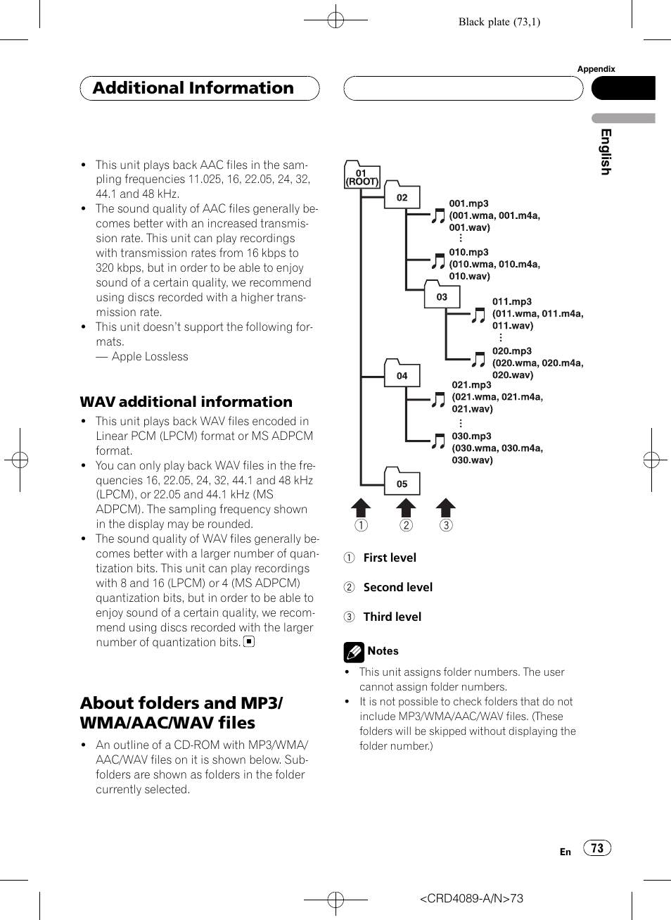 Wav additional information 73, About folders and mp3/wma/aac/wav, Files | About folders and mp3/ wma/aac/wav files, Additional information | Pioneer SUPER TUNER III D DEH-P8850MP User Manual | Page 73 / 164