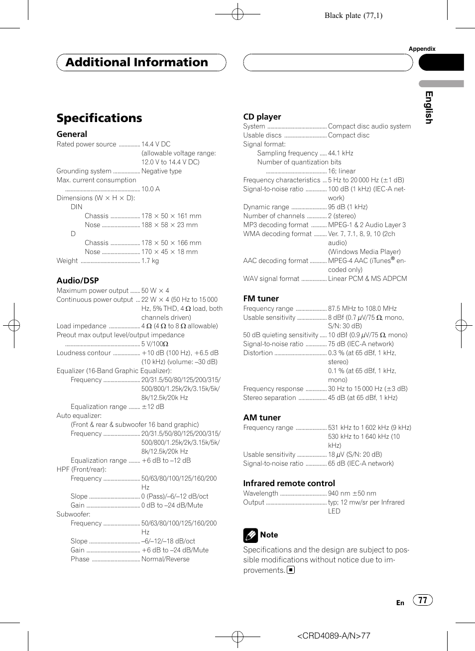 Specifications, Additional information, English | Pioneer SUPER TUNER III D DEH-P8850MP User Manual | Page 77 / 164