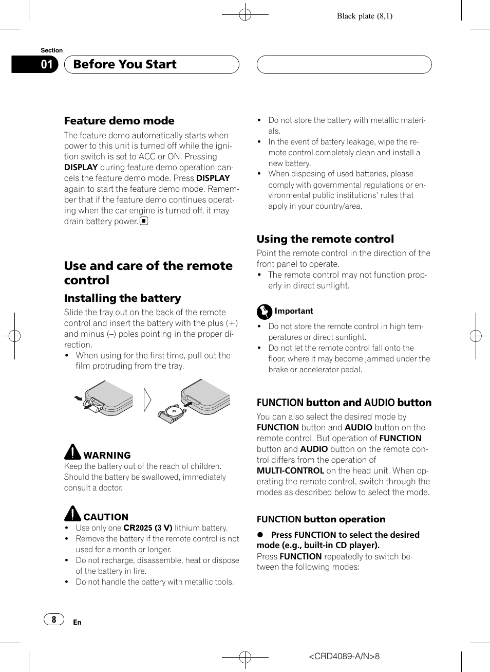 Feature demo mode 8, Use and care of the remote control, Installing the battery 8 | Using the remote control 8, Function button and audio, Button, Before you start, Feature demo mode, Installing the battery, Using the remote control | Pioneer SUPER TUNER III D DEH-P8850MP User Manual | Page 8 / 164