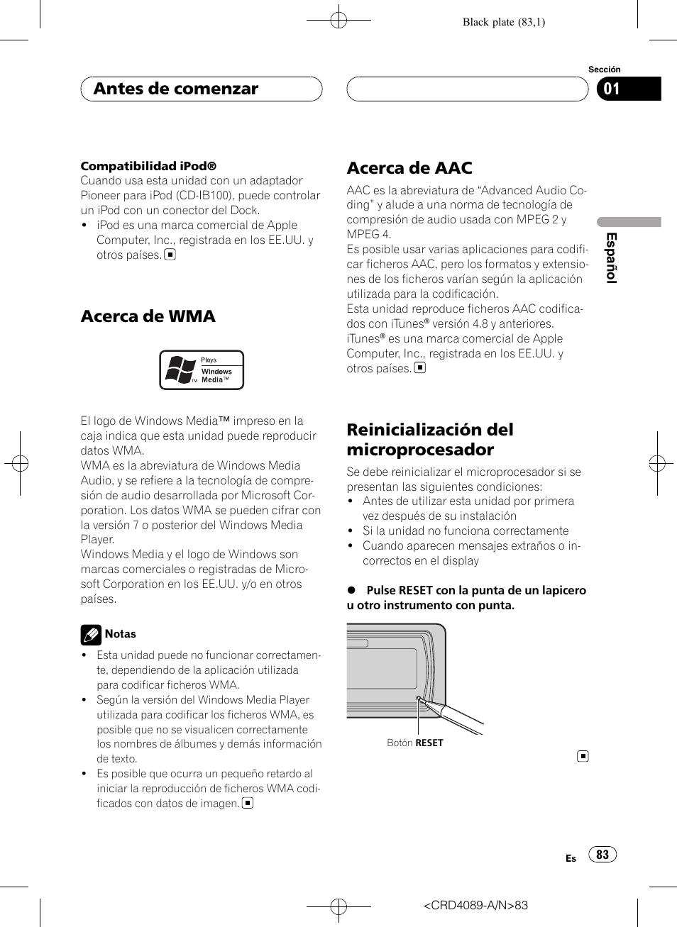 Acerca de wma, Acerca de aac, Reinicialización del microprocesador | Antes de comenzar | Pioneer SUPER TUNER III D DEH-P8850MP User Manual | Page 83 / 164