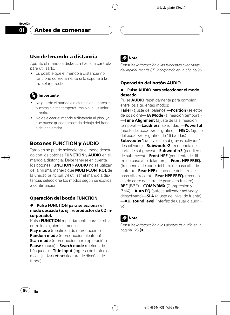 Uso del mando a distancia 86, Botones function y audio 86, Antes de comenzar | Uso del mando a distancia, Botones function y audio | Pioneer SUPER TUNER III D DEH-P8850MP User Manual | Page 86 / 164