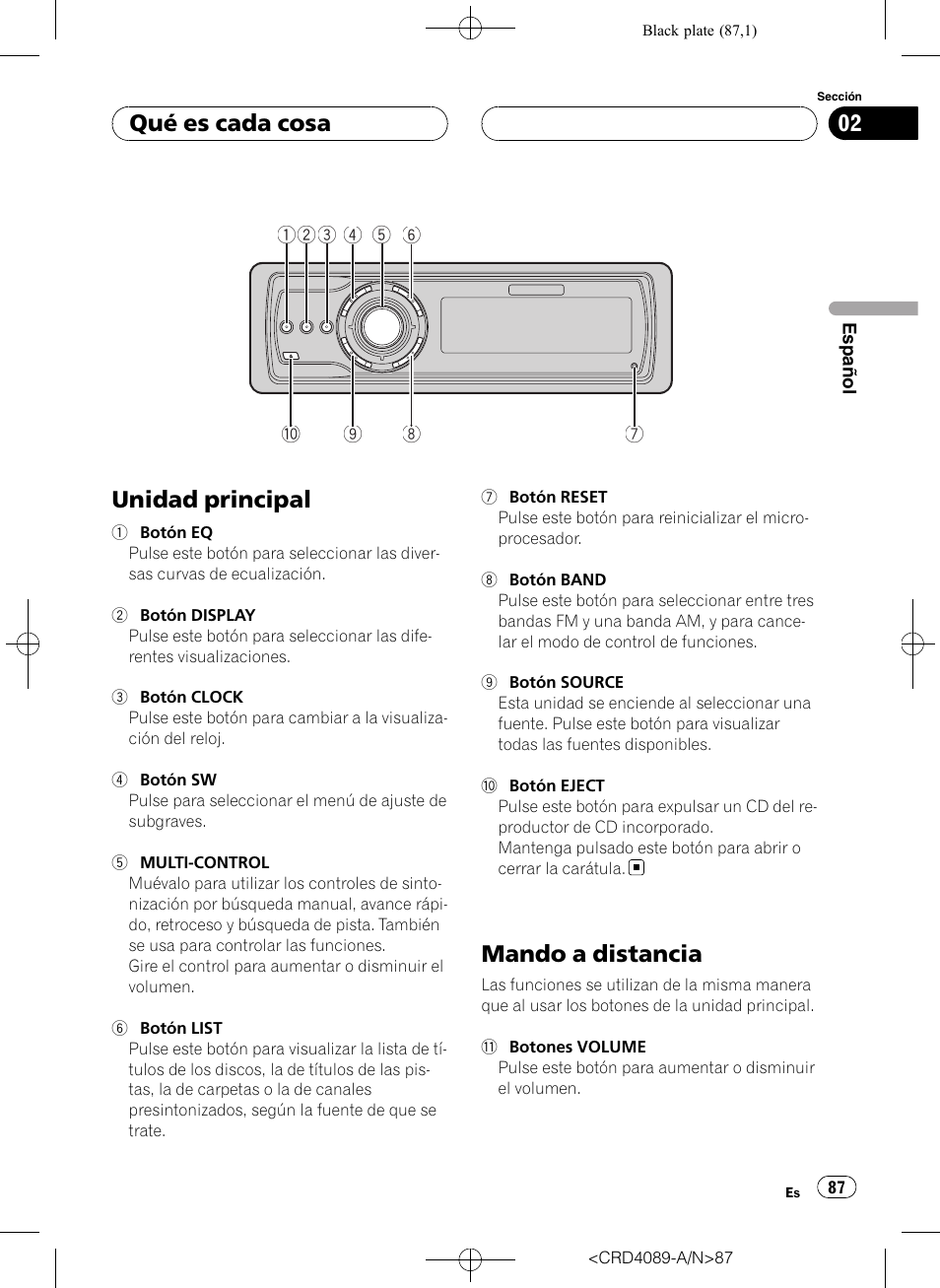 Qué es cada cosa unidad principal, Mando a distancia, Unidad principal | Qué es cada cosa | Pioneer SUPER TUNER III D DEH-P8850MP User Manual | Page 87 / 164