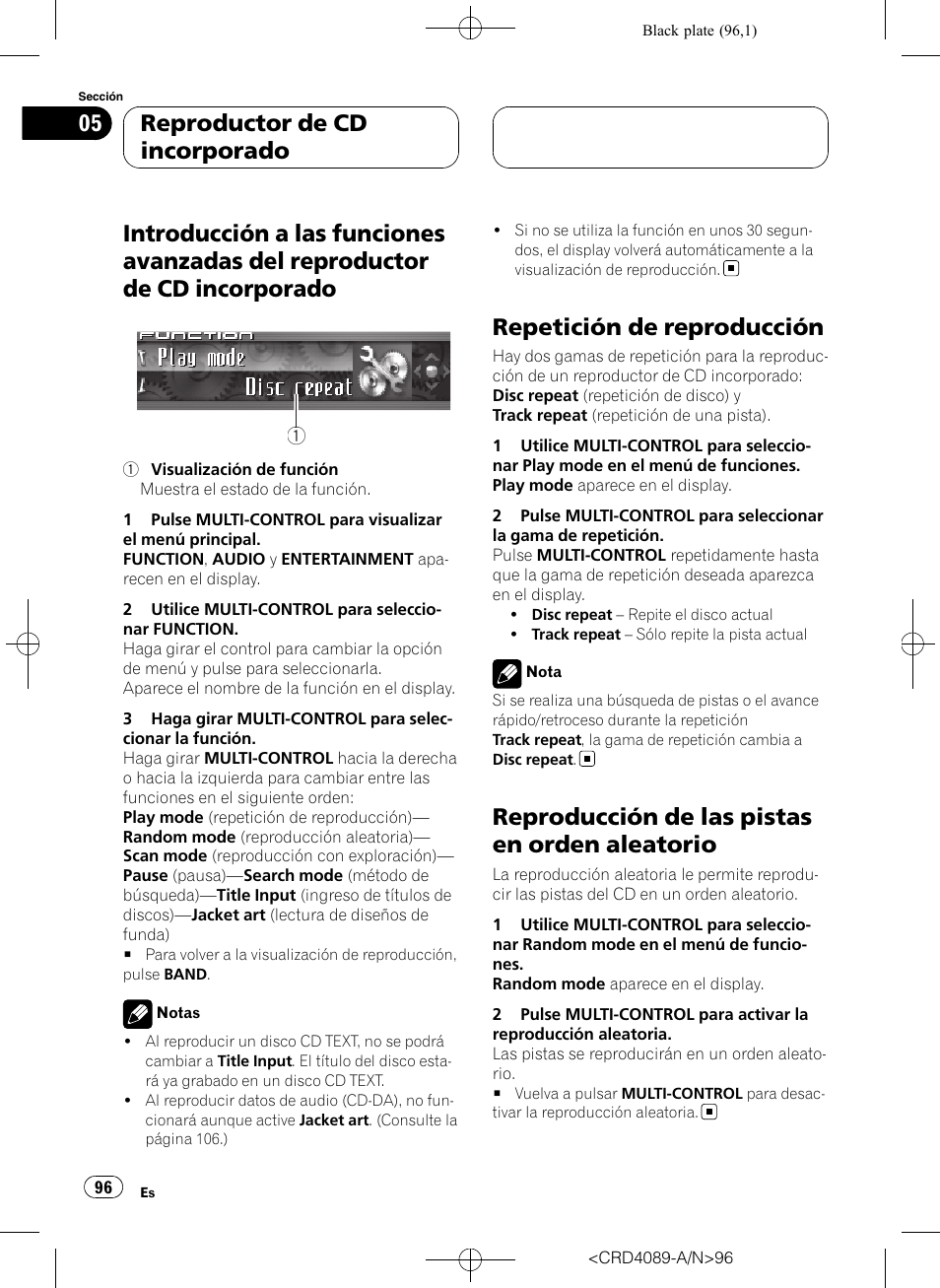 Introducción a las funciones avanzadas del, Reproductor de cd incorporado, Repetición de reproducción | Reproducción de las pistas en orden, Aleatorio, Reproducción de las pistas en orden aleatorio | Pioneer SUPER TUNER III D DEH-P8850MP User Manual | Page 96 / 164