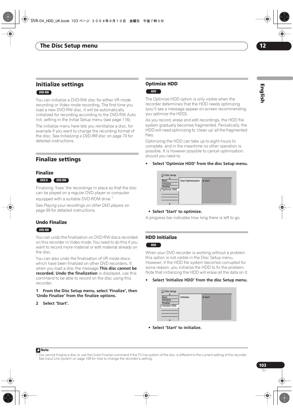 Initialize settings, Finalize settings, Optimize hdd | Hdd initialize, The disc setup menu 12 | Pioneer OPERATING INSTRUCTIONS DVR-920H User Manual | Page 103 / 140