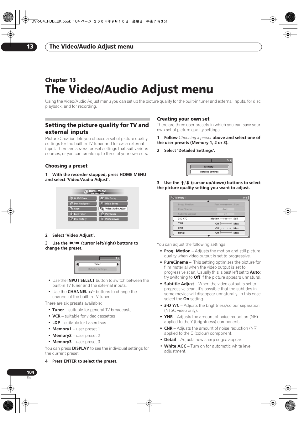 13 the video/audio adjust menu, The video/audio adjust menu, The video/audio adjust menu 13 | Chapter 13 | Pioneer OPERATING INSTRUCTIONS DVR-920H User Manual | Page 104 / 140