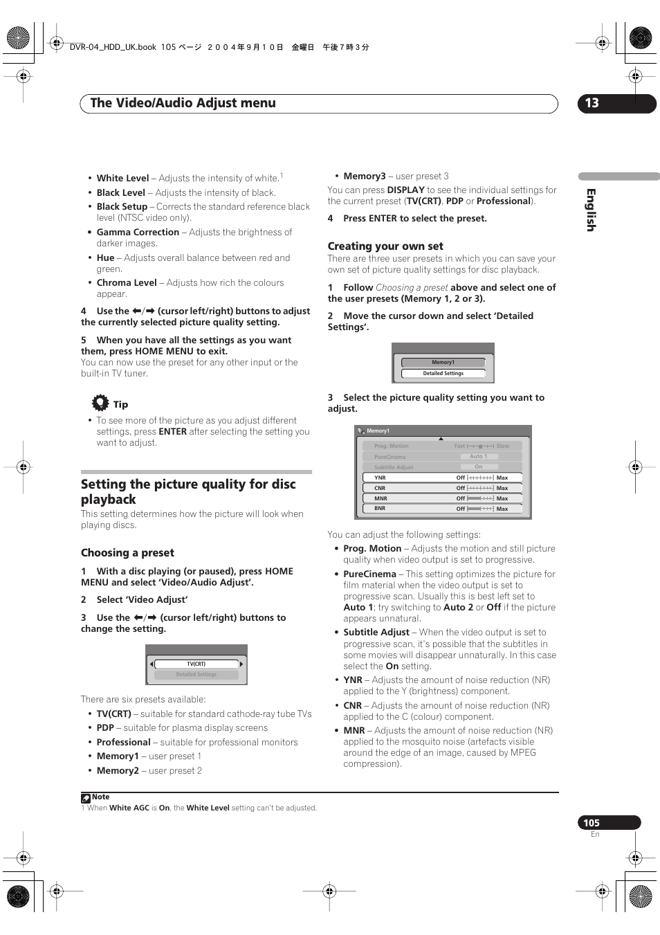 Setting the picture quality for disc playback, The video/audio adjust menu 13 | Pioneer OPERATING INSTRUCTIONS DVR-920H User Manual | Page 105 / 140