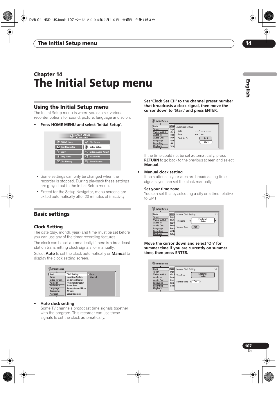 14 the initial setup menu, Using the initial setup menu, Basic settings | The initial setup menu, The initial setup menu 14, Chapter 14, English, Clock setting | Pioneer OPERATING INSTRUCTIONS DVR-920H User Manual | Page 107 / 140
