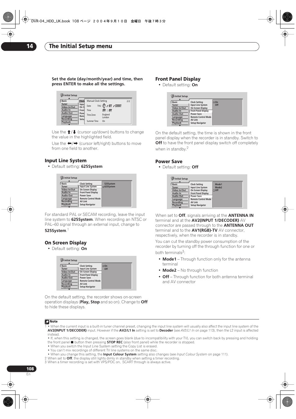 The initial setup menu 14, Input line system, On screen display | Front panel display, Power save | Pioneer OPERATING INSTRUCTIONS DVR-920H User Manual | Page 108 / 140