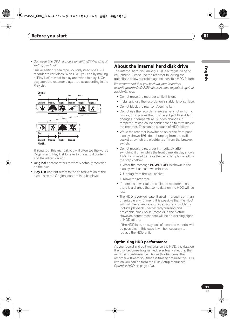 About the internal hard disk drive, Before you start 01 | Pioneer OPERATING INSTRUCTIONS DVR-920H User Manual | Page 11 / 140