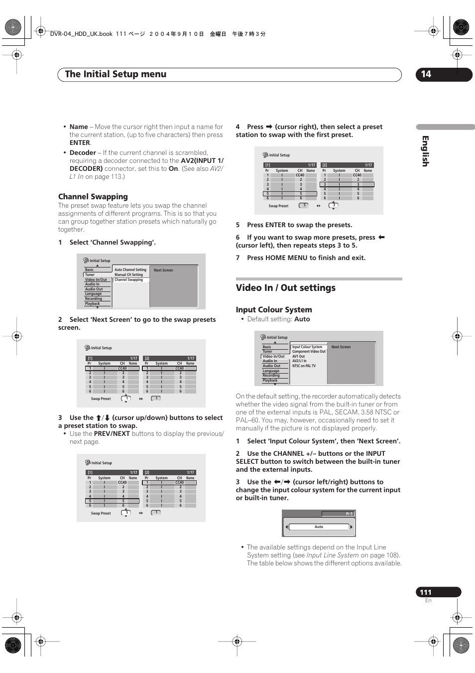 Video in / out settings, The initial setup menu 14, English | Channel swapping, Input colour system | Pioneer OPERATING INSTRUCTIONS DVR-920H User Manual | Page 111 / 140