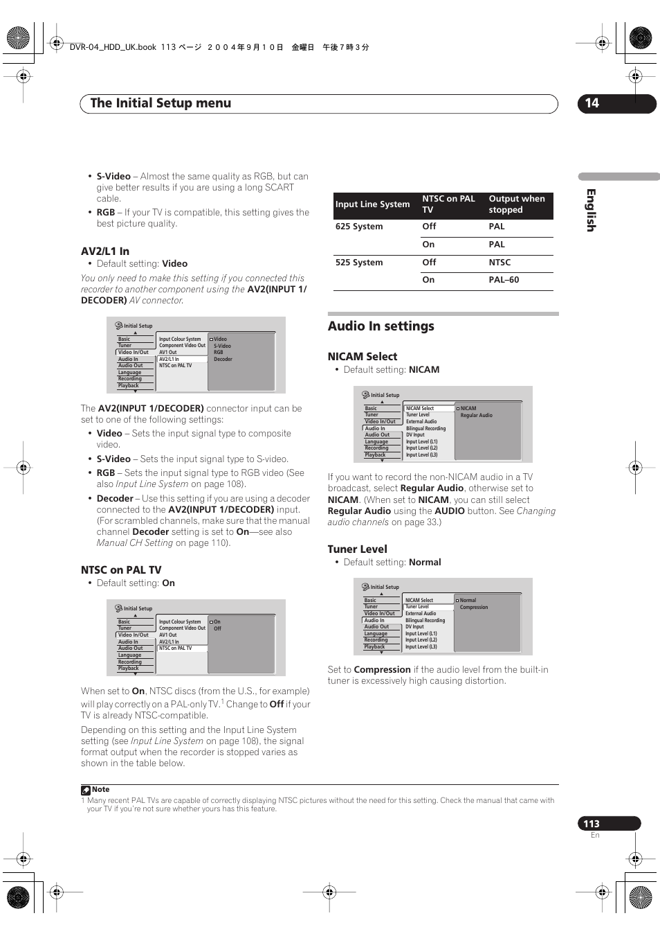 Audio in settings, The initial setup menu 14 | Pioneer OPERATING INSTRUCTIONS DVR-920H User Manual | Page 113 / 140