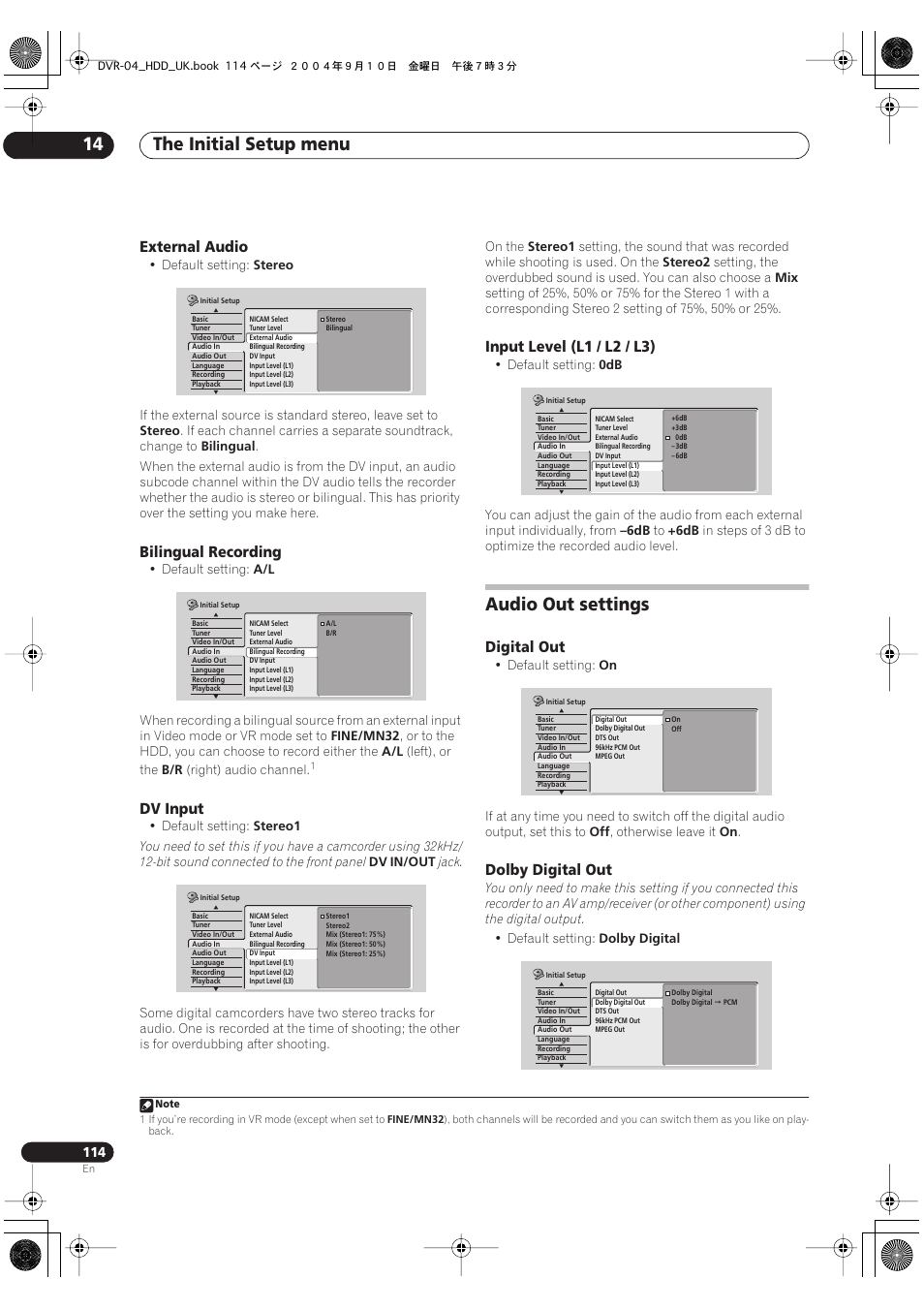 Audio out settings, The initial setup menu 14 | Pioneer OPERATING INSTRUCTIONS DVR-920H User Manual | Page 114 / 140