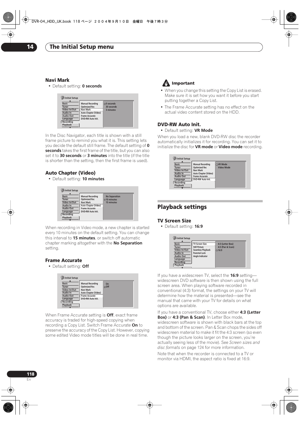 Playback settings, The initial setup menu 14 | Pioneer OPERATING INSTRUCTIONS DVR-920H User Manual | Page 118 / 140