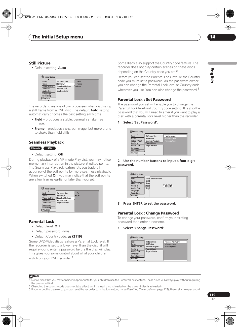 The initial setup menu 14, English, Still picture | Seamless playback, Parental lock, Parental lock : set password, Parental lock : change password | Pioneer OPERATING INSTRUCTIONS DVR-920H User Manual | Page 119 / 140