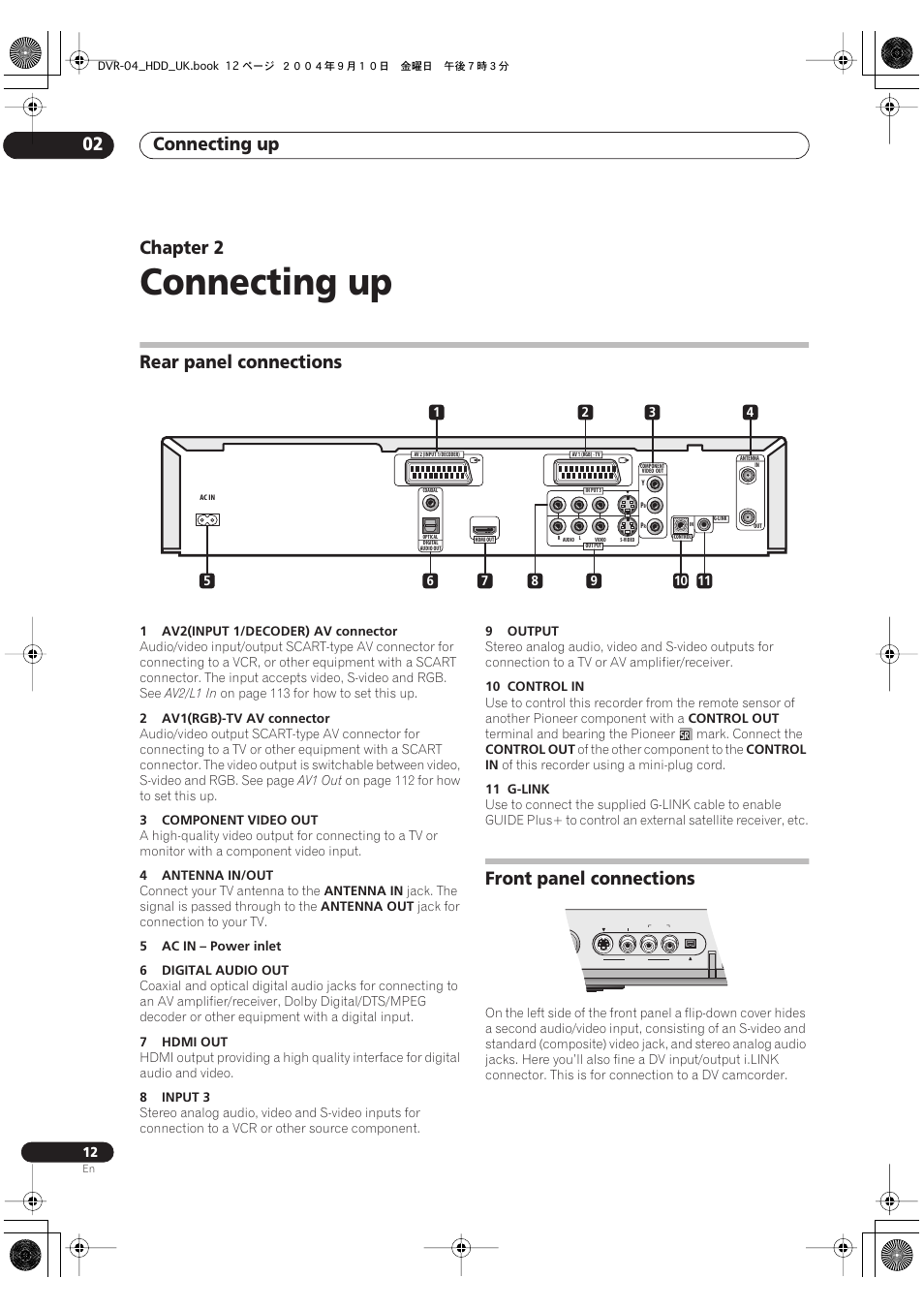 02 connecting up, Rear panel connections, Front panel connections | Connecting up, Connecting up 02, Chapter 2 | Pioneer OPERATING INSTRUCTIONS DVR-920H User Manual | Page 12 / 140