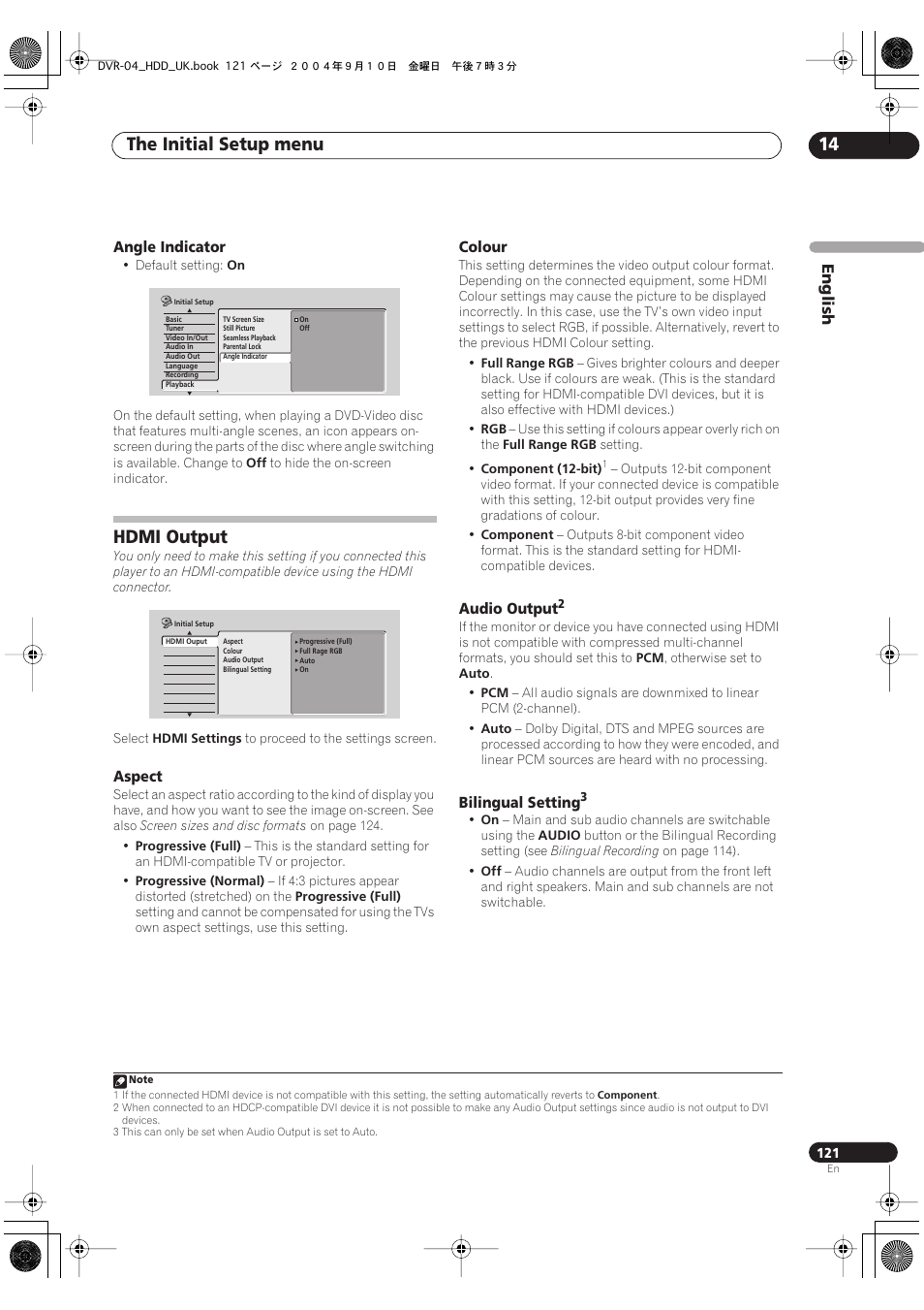 Hdmi output, The initial setup menu 14 | Pioneer OPERATING INSTRUCTIONS DVR-920H User Manual | Page 121 / 140