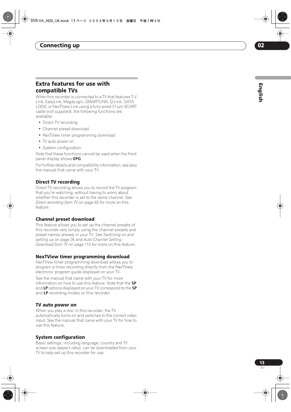 Extra features for use with compatible tvs, Connecting up 02 | Pioneer OPERATING INSTRUCTIONS DVR-920H User Manual | Page 13 / 140