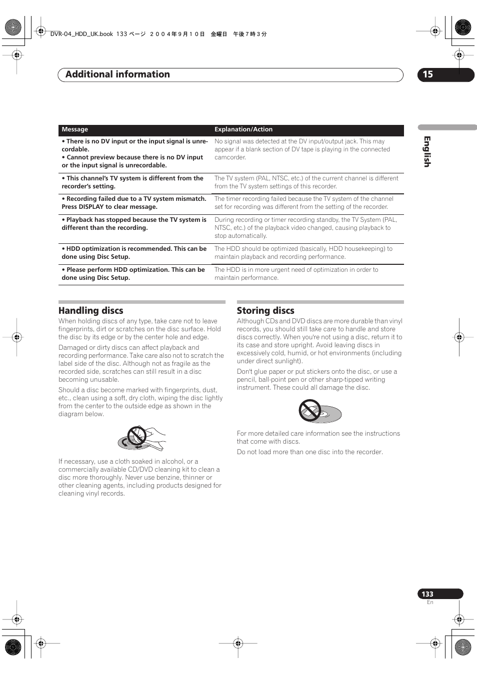 Handling discs, Storing discs, Additional information 15 | Pioneer OPERATING INSTRUCTIONS DVR-920H User Manual | Page 133 / 140