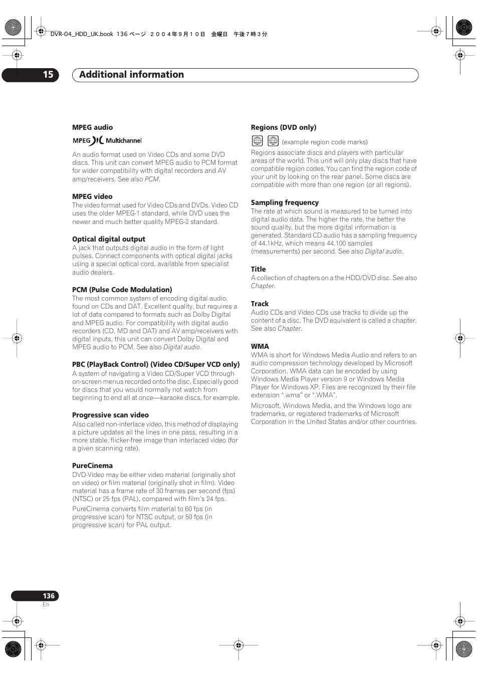 Additional information 15 | Pioneer OPERATING INSTRUCTIONS DVR-920H User Manual | Page 136 / 140