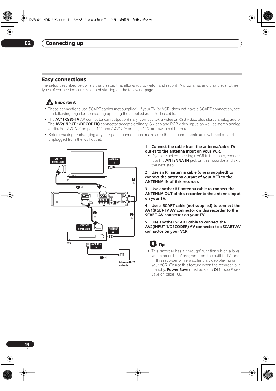 Easy connections, Connecting up 02 | Pioneer OPERATING INSTRUCTIONS DVR-920H User Manual | Page 14 / 140