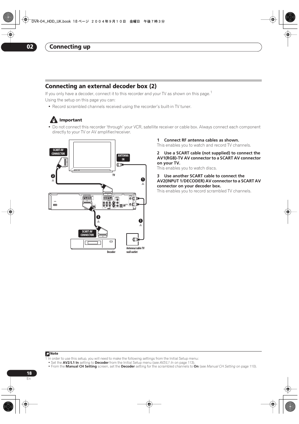 Connecting an external decoder box (2), Connecting up 02 | Pioneer OPERATING INSTRUCTIONS DVR-920H User Manual | Page 18 / 140