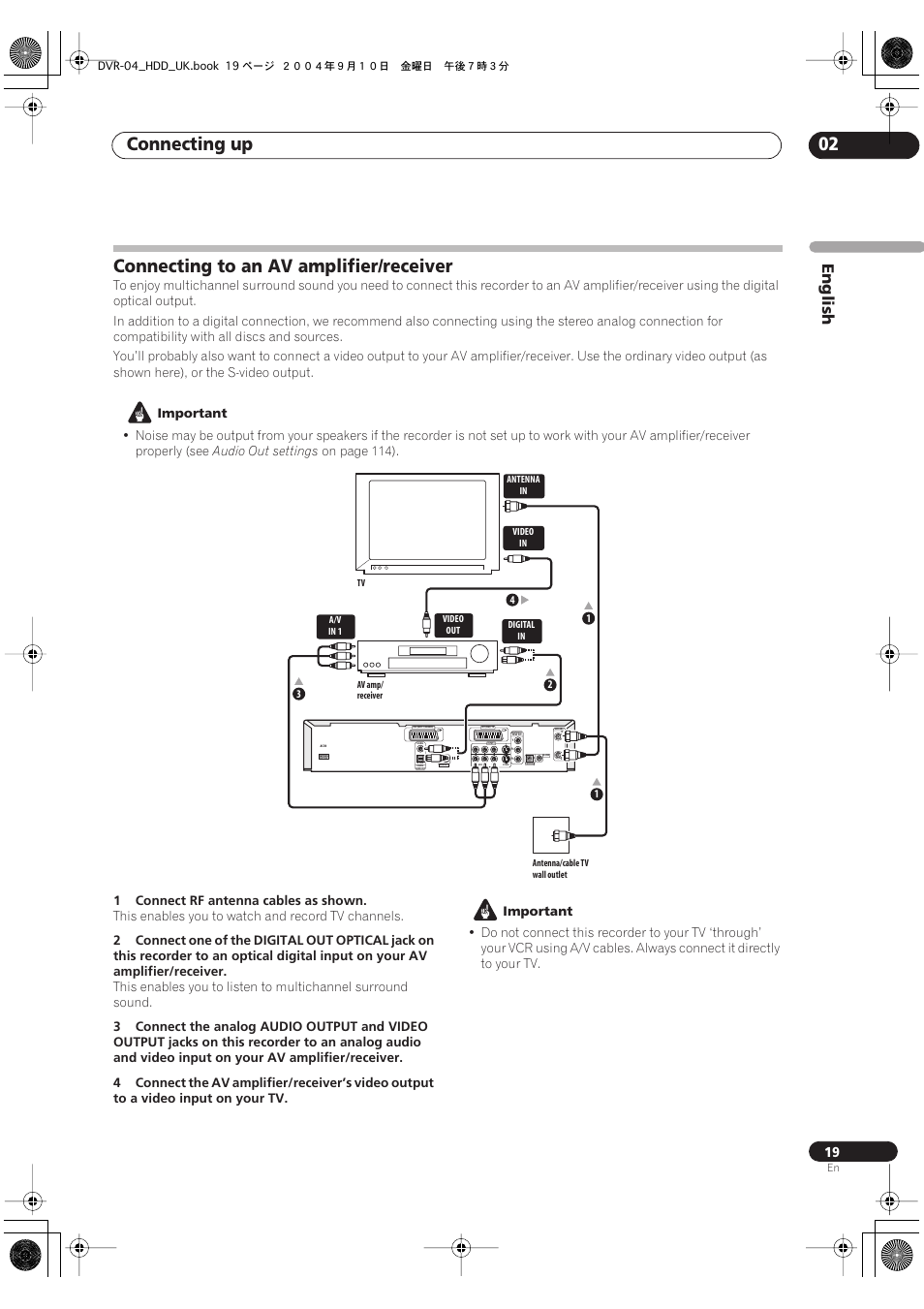 Connecting to an av amplifier/receiver, Connecting up 02, English | Pioneer OPERATING INSTRUCTIONS DVR-920H User Manual | Page 19 / 140