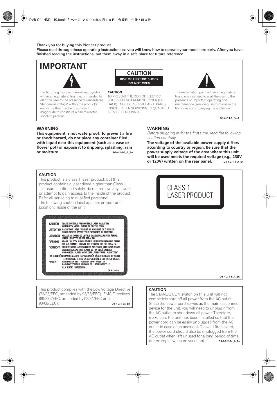 Important, Class 1 laser product, Caution | Pioneer OPERATING INSTRUCTIONS DVR-920H User Manual | Page 2 / 140