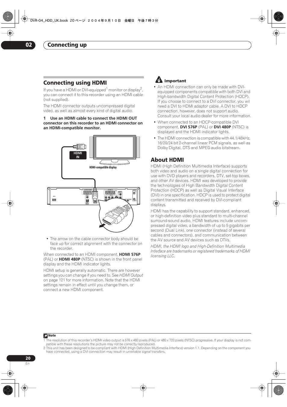 Connecting using hdmi, About hdmi, Connecting up 02 | Pioneer OPERATING INSTRUCTIONS DVR-920H User Manual | Page 20 / 140