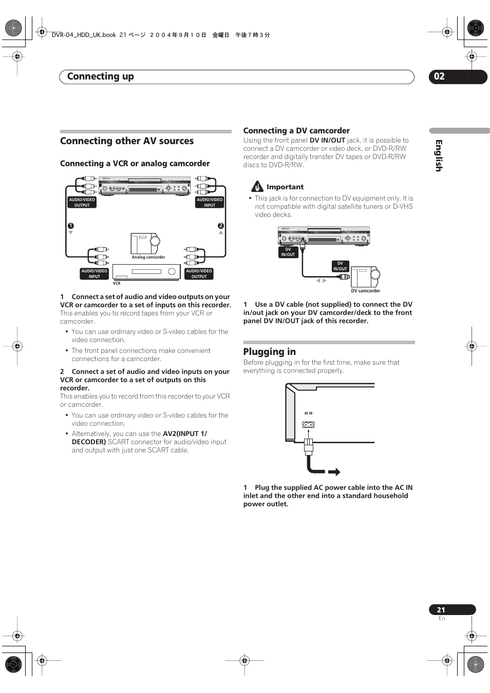 Connecting other av sources, Plugging in, Connecting up 02 | Pioneer OPERATING INSTRUCTIONS DVR-920H User Manual | Page 21 / 140