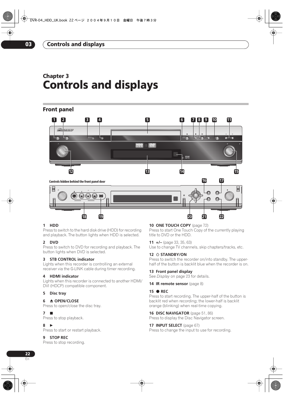 03 controls and displays, Front panel, Controls and displays | Controls and displays 03, Chapter 3 | Pioneer OPERATING INSTRUCTIONS DVR-920H User Manual | Page 22 / 140