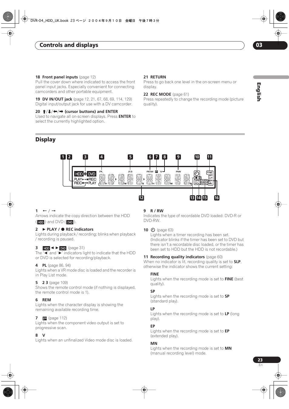 Display, Controls and displays 03 | Pioneer OPERATING INSTRUCTIONS DVR-920H User Manual | Page 23 / 140
