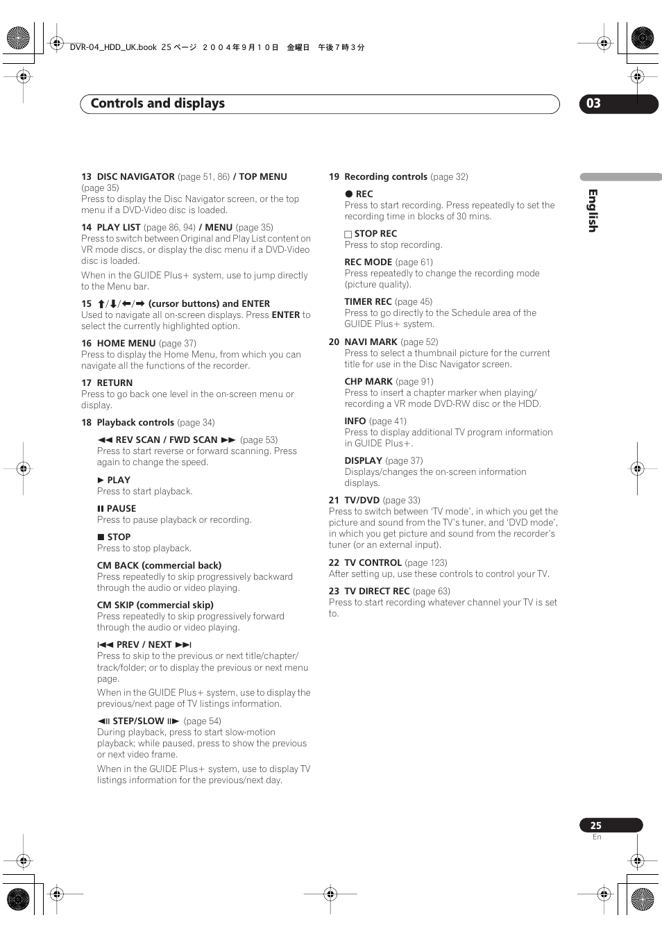 Controls and displays 03 | Pioneer OPERATING INSTRUCTIONS DVR-920H User Manual | Page 25 / 140