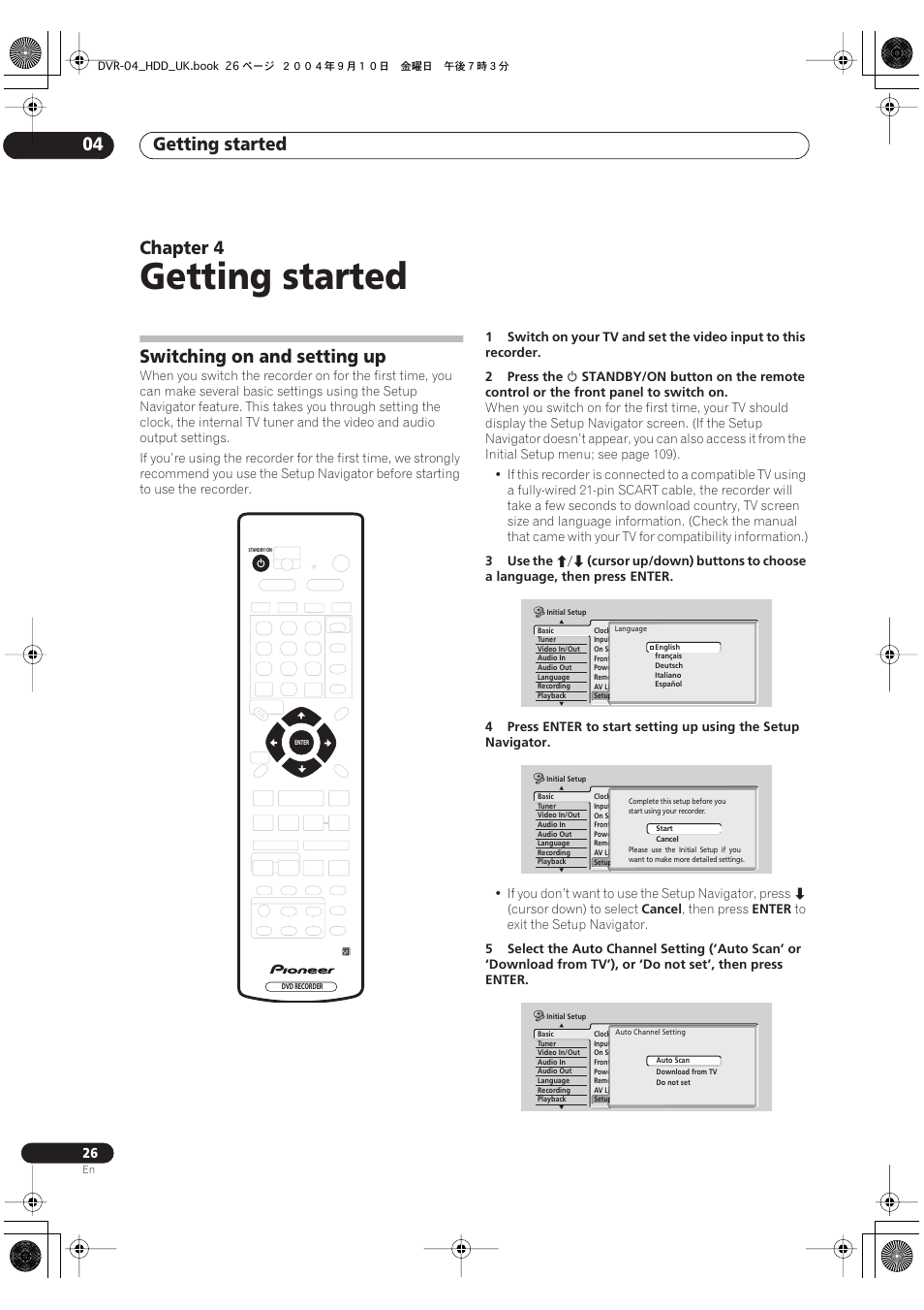 04 getting started, Switching on and setting up, Getting started | Getting started 04, Chapter 4 | Pioneer OPERATING INSTRUCTIONS DVR-920H User Manual | Page 26 / 140