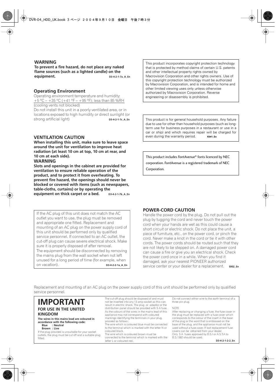 Important, Warning, Ventilation caution | Operating environment, Power-cord caution | Pioneer OPERATING INSTRUCTIONS DVR-920H User Manual | Page 3 / 140