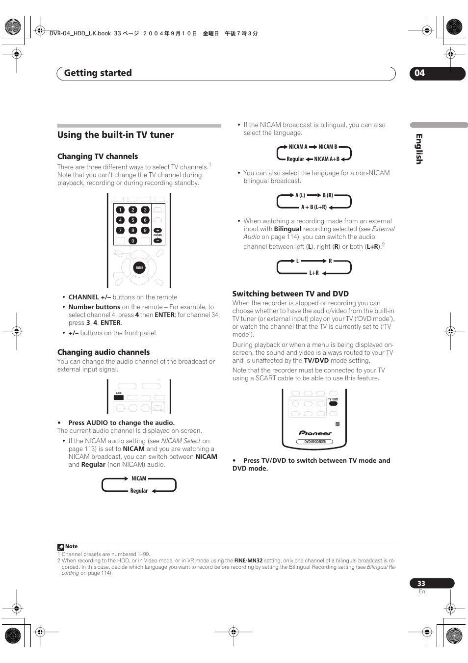 Using the built-in tv tuner, Getting started 04 | Pioneer OPERATING INSTRUCTIONS DVR-920H User Manual | Page 33 / 140