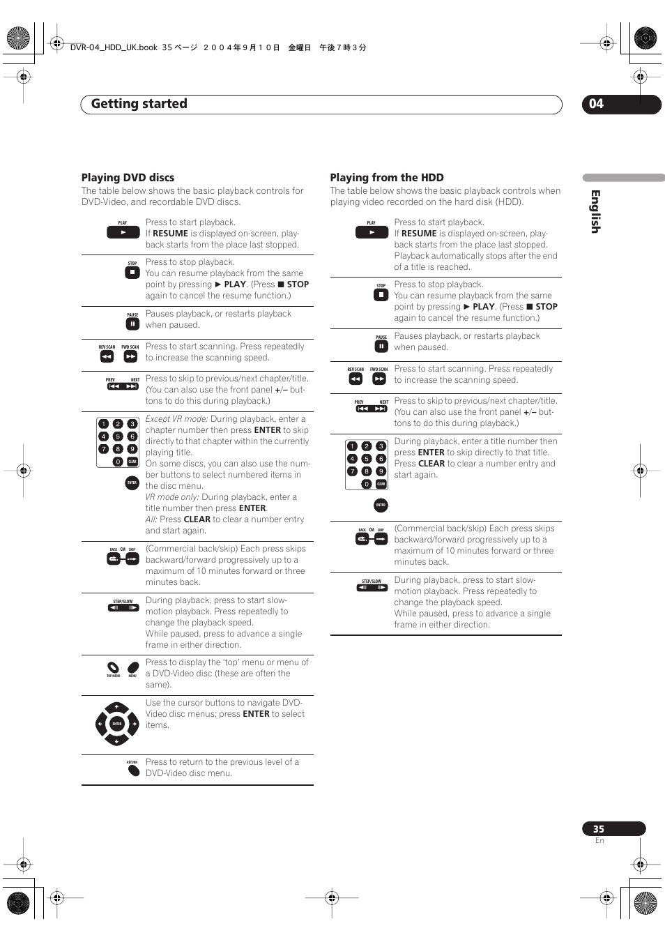 Getting started 04, English, Playing dvd discs | Playing from the hdd | Pioneer OPERATING INSTRUCTIONS DVR-920H User Manual | Page 35 / 140