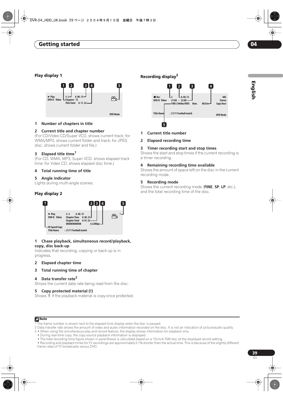 Getting started 04, English | Pioneer OPERATING INSTRUCTIONS DVR-920H User Manual | Page 39 / 140