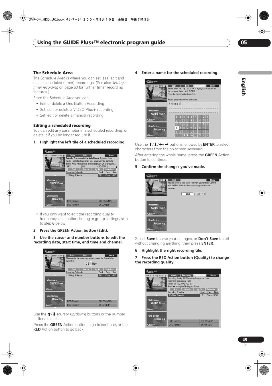 Using the guide plus+™ electronic program guide 05 | Pioneer OPERATING INSTRUCTIONS DVR-920H User Manual | Page 45 / 140