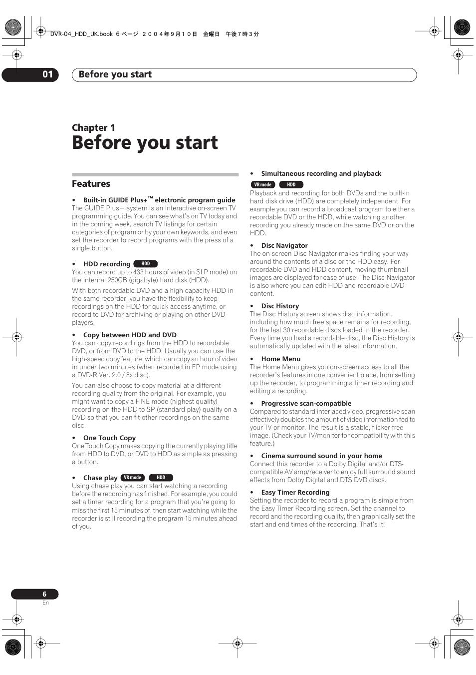 01 before you start, Features, Before you start | Before you start 01, Chapter 1 | Pioneer OPERATING INSTRUCTIONS DVR-920H User Manual | Page 6 / 140