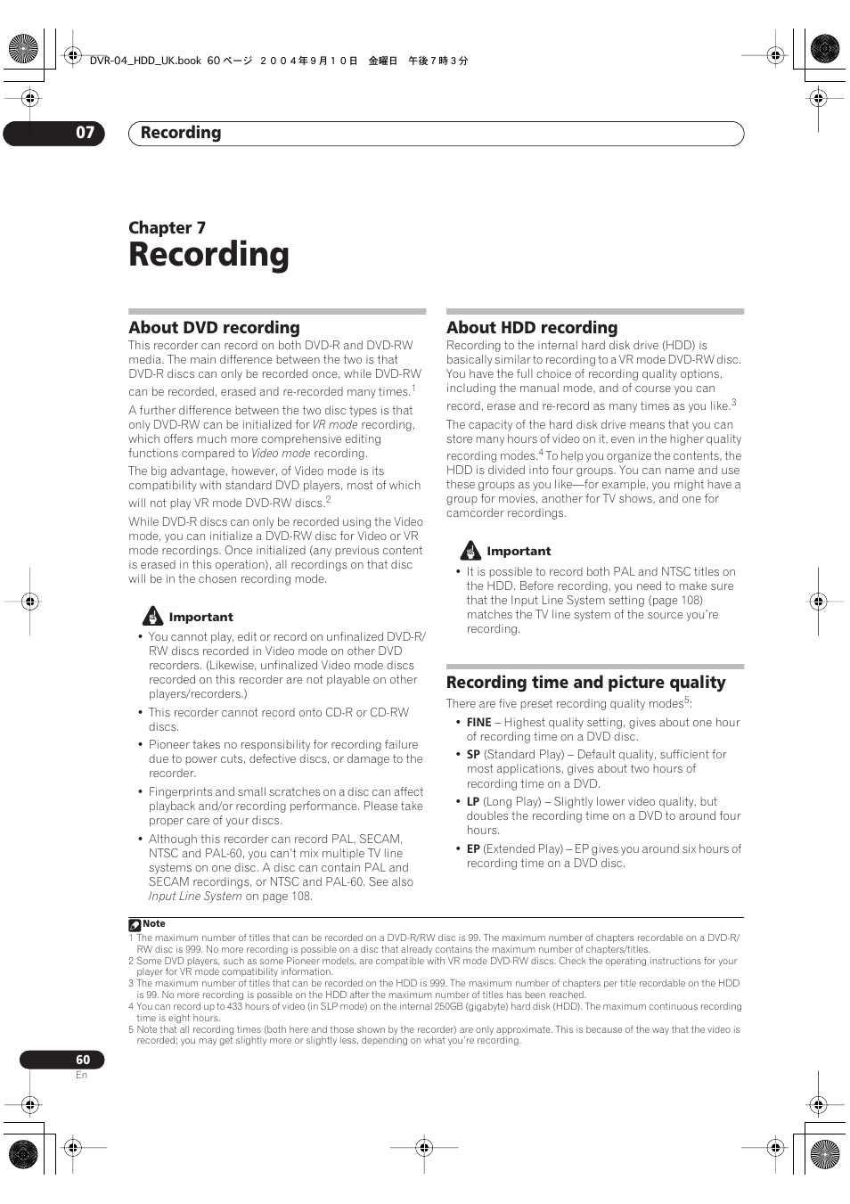 07 recording, About dvd recording, About hdd recording | Recording time and picture quality, Recording, Recording 07, Chapter 7 | Pioneer OPERATING INSTRUCTIONS DVR-920H User Manual | Page 60 / 140