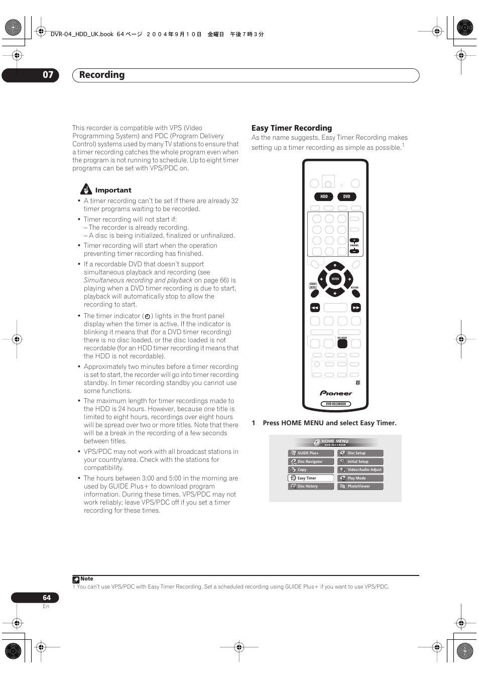 Recording 07, Easy timer recording | Pioneer OPERATING INSTRUCTIONS DVR-920H User Manual | Page 64 / 140