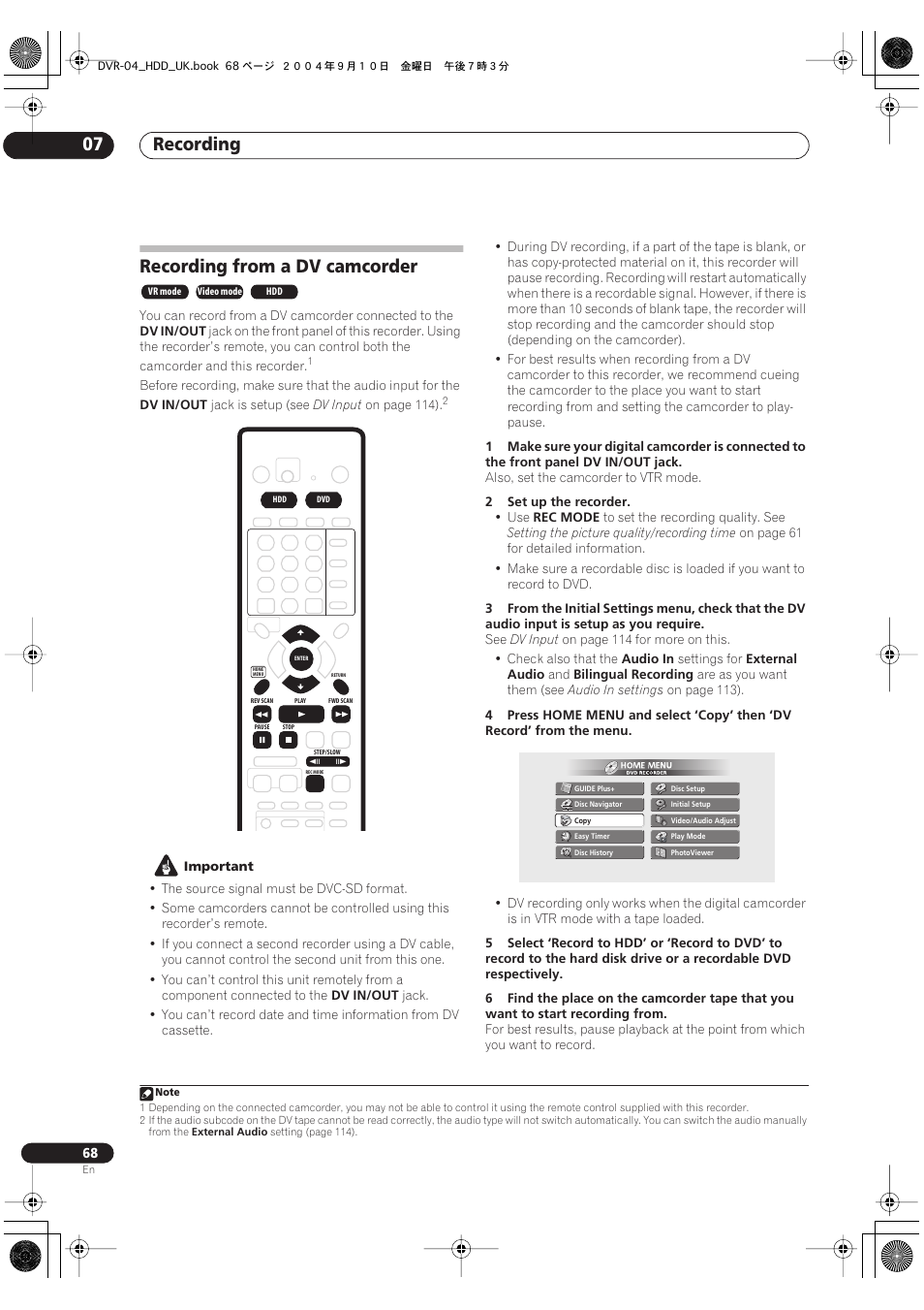 Recording from a dv camcorder, Recording 07 | Pioneer OPERATING INSTRUCTIONS DVR-920H User Manual | Page 68 / 140
