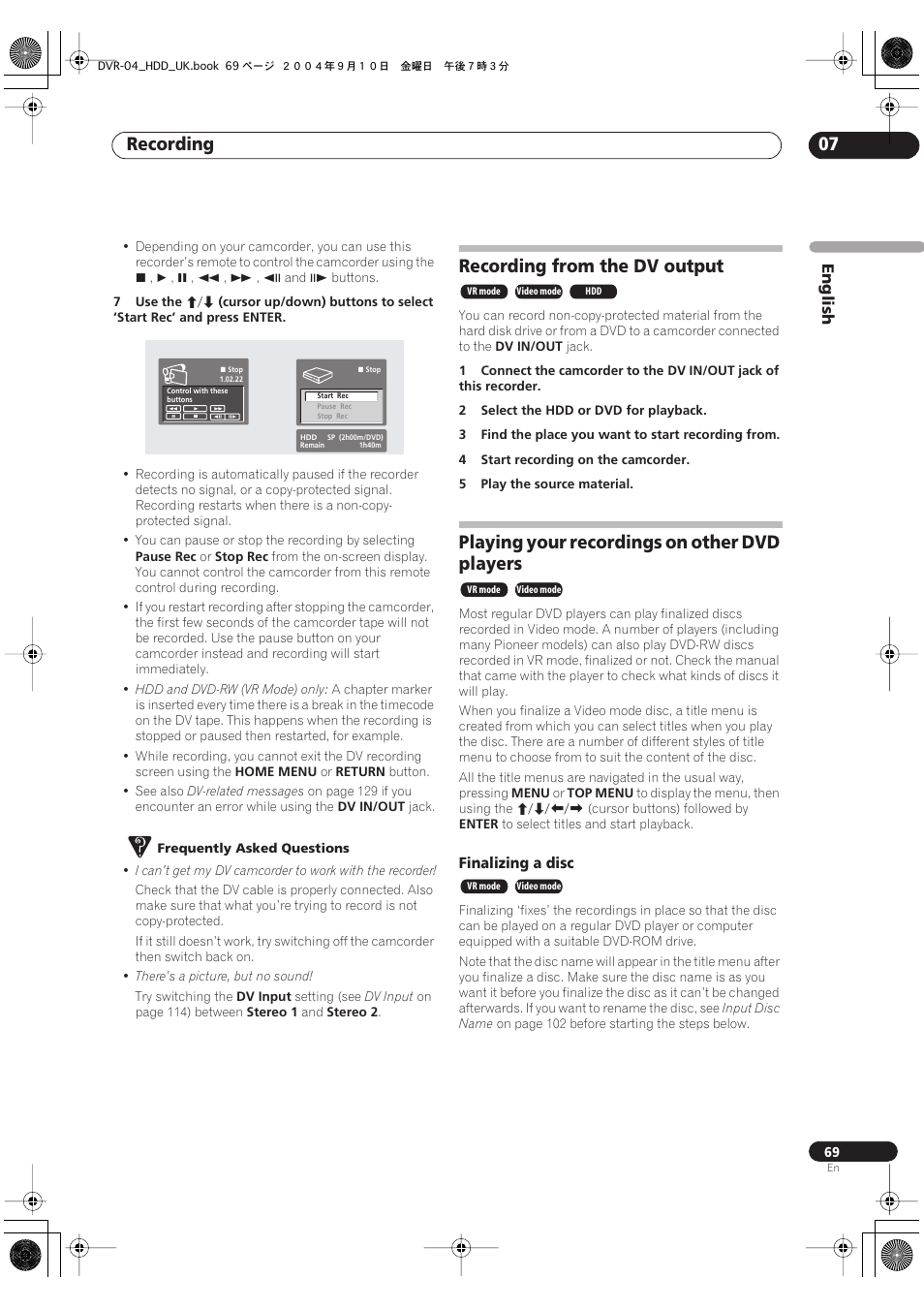 Recording from the dv output, Playing your recordings on other dvd players, Recording 07 | Pioneer OPERATING INSTRUCTIONS DVR-920H User Manual | Page 69 / 140