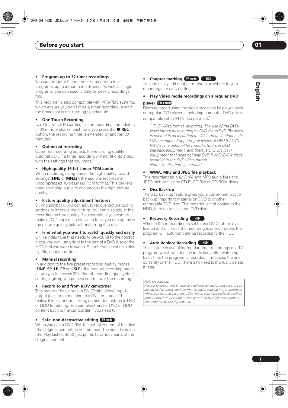 Before you start 01 | Pioneer OPERATING INSTRUCTIONS DVR-920H User Manual | Page 7 / 140