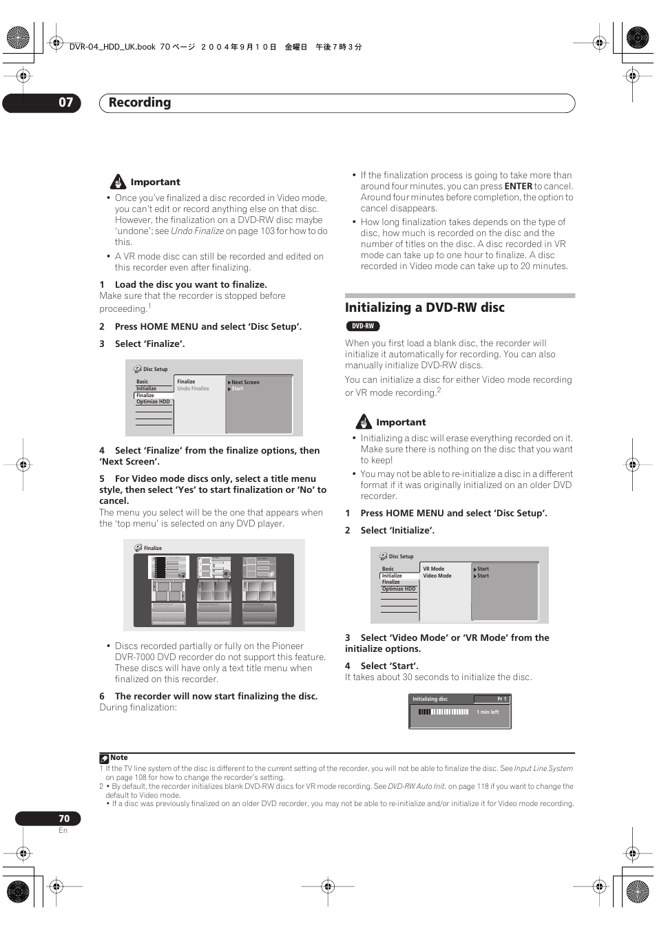 Initializing a dvd-rw disc, Recording 07 | Pioneer OPERATING INSTRUCTIONS DVR-920H User Manual | Page 70 / 140