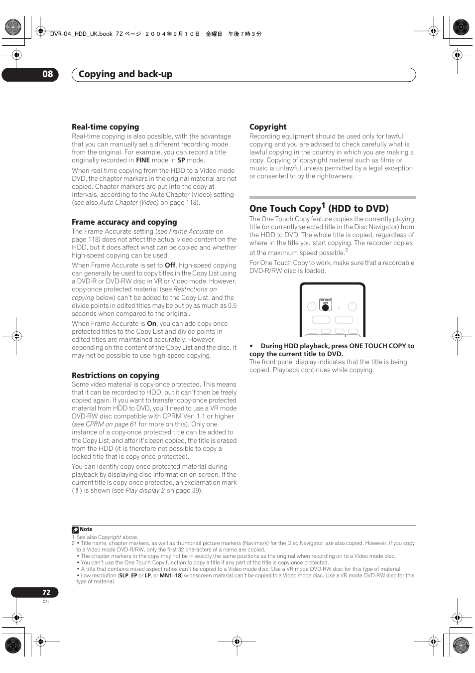 One touch copy (hdd to dvd), Copying and back-up 08, One touch copy | Hdd to dvd) | Pioneer OPERATING INSTRUCTIONS DVR-920H User Manual | Page 72 / 140