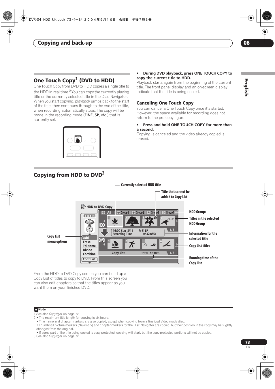 One touch copy (dvd to hdd), Copying from hdd to dvd, Copying and back-up 08 | One touch copy, Dvd to hdd), Dvd hdd hdd | Pioneer OPERATING INSTRUCTIONS DVR-920H User Manual | Page 73 / 140