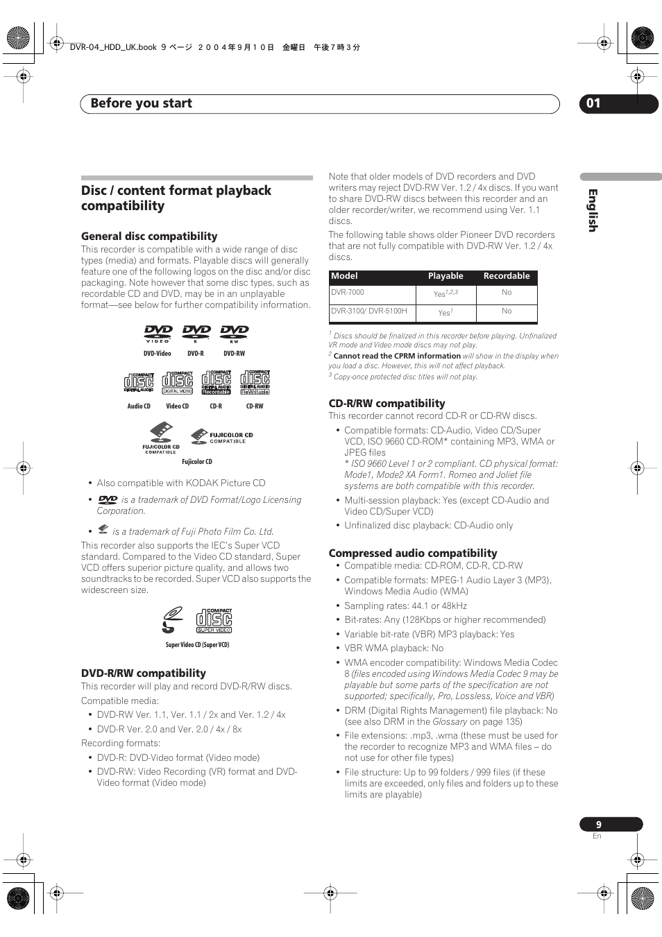 Disc / content format playback compatibility, Before you start 01, English | General disc compatibility, Dvd-r/rw compatibility, Cd-r/rw compatibility, Compressed audio compatibility | Pioneer OPERATING INSTRUCTIONS DVR-920H User Manual | Page 9 / 140