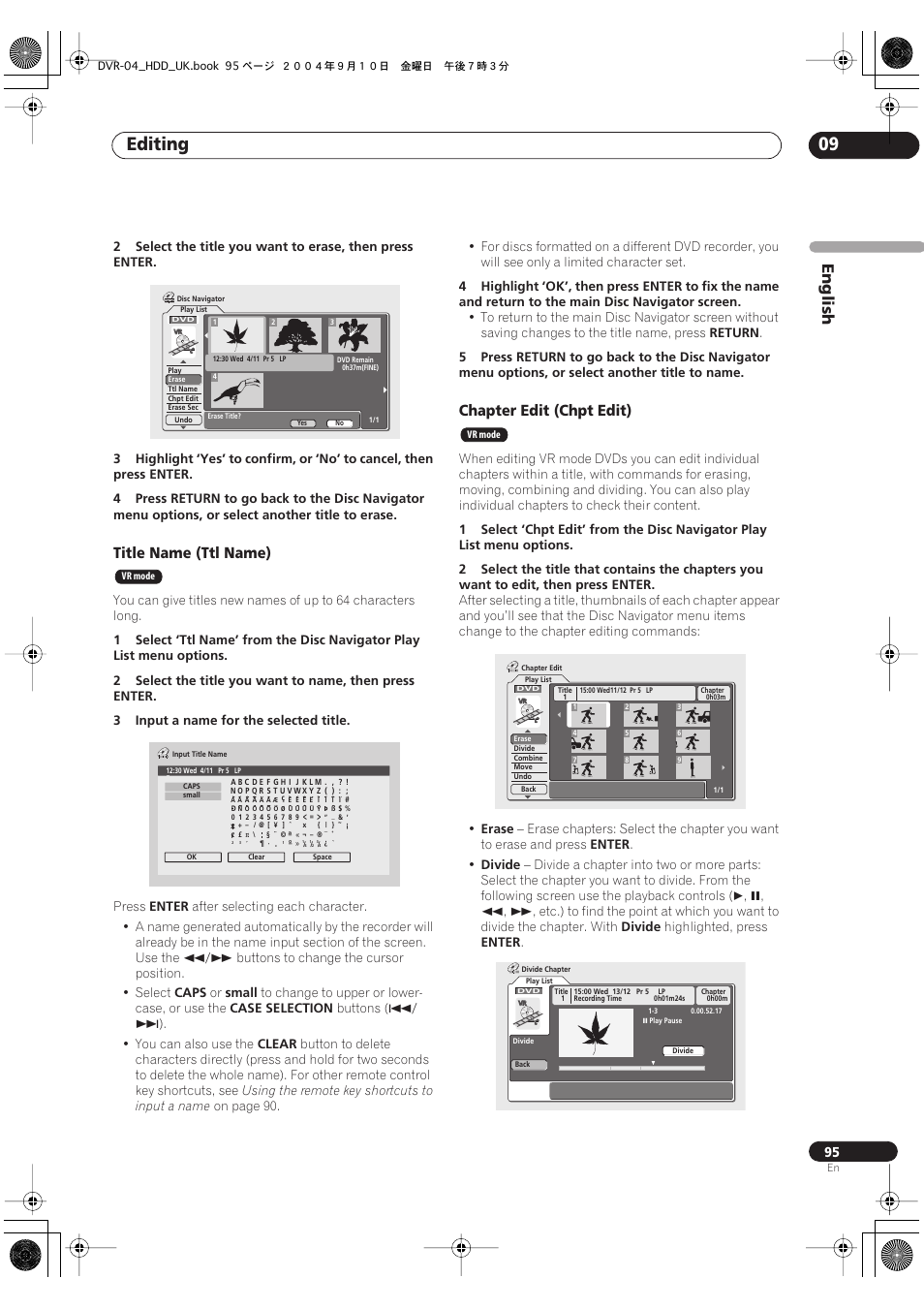Editing 09, English, Title name (ttl name) | Chapter edit (chpt edit) | Pioneer OPERATING INSTRUCTIONS DVR-920H User Manual | Page 95 / 140
